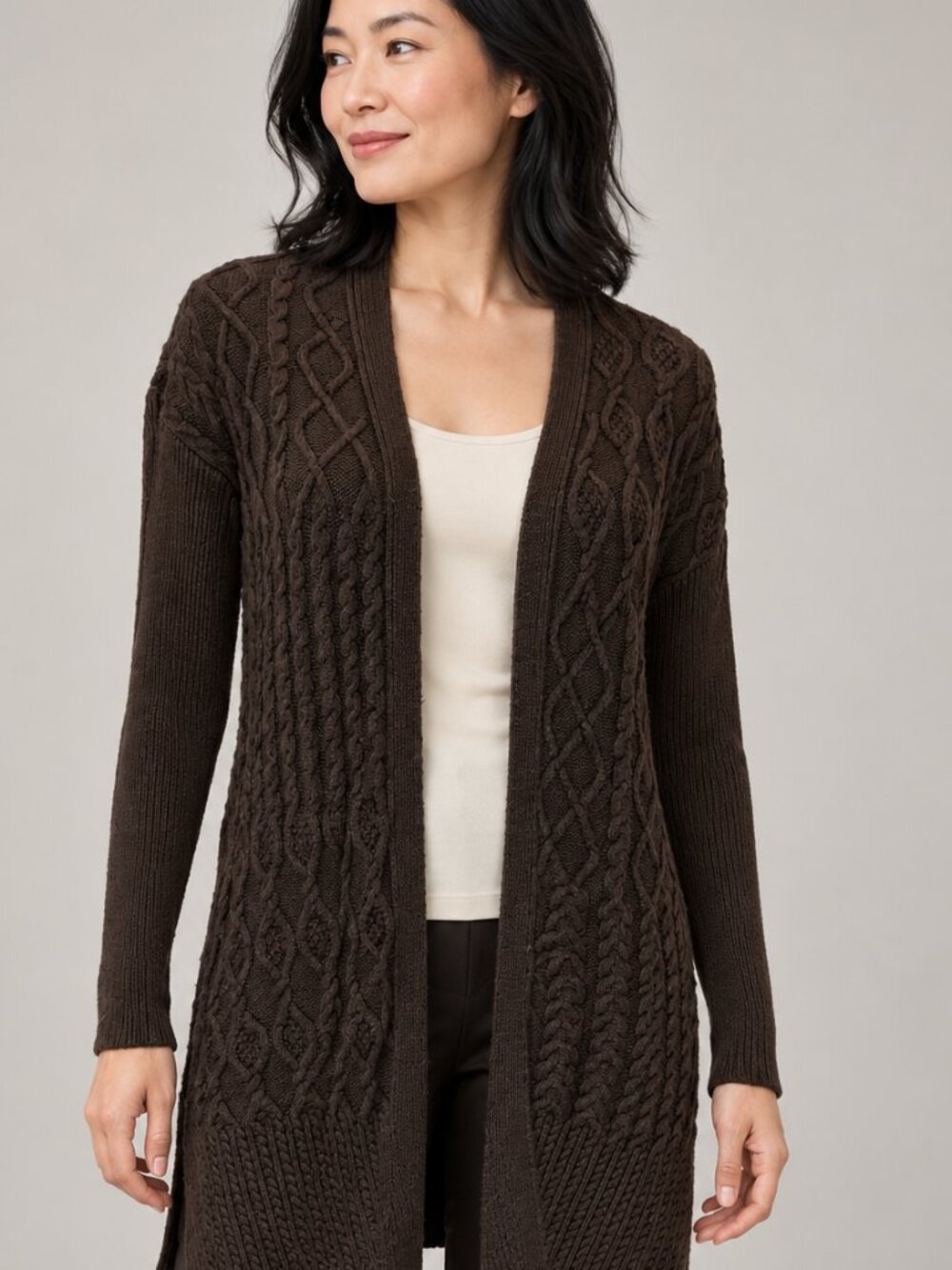 Chico’s Brown Cable Knit Long Cardigan Size 0 Cashmere Blend Quiet Luxury